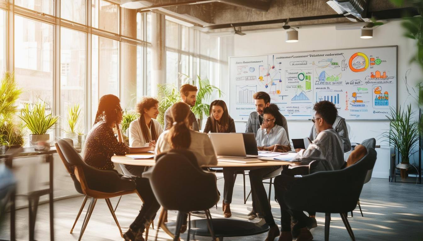 The image features a vibrant, modern office space filled with diverse professionals engaged in collaborative discussions