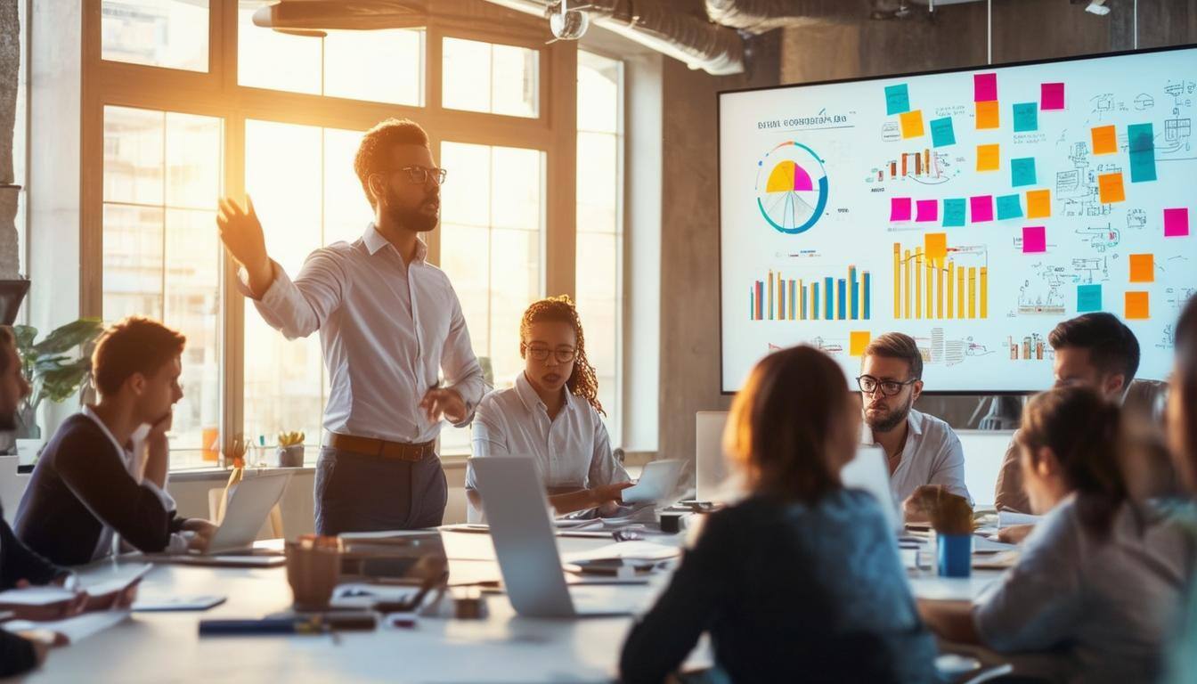 The image depicts a vibrant office environment where a diverse group of sales professionals gathers around a large conference table, engaged in a dyna