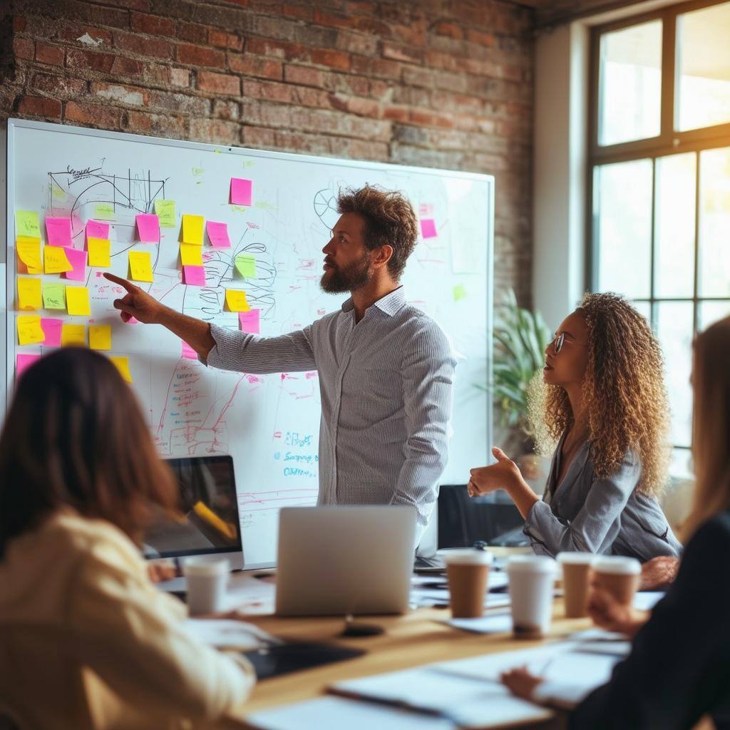 The image features a bright, modern office environment filled with diverse sales professionals engaged in a dynamic brainstorming session